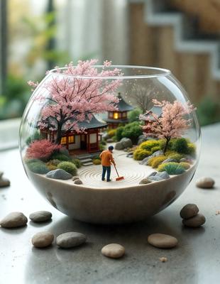 The primary subject of the image is a small glass bowl filled with sand, which features a miniature scene of a man sweeping in front of a small house. The setting is a table, and the visual style is a combination of photo and digital art. The colors and mood of the image are predominantly earthy tones, creating a calm and serene atmosphere.